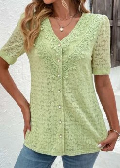 Green Lace V Neck Short Sleeve Blouse