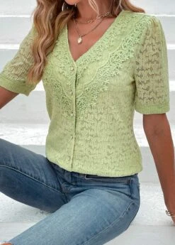 Green Lace V Neck Short Sleeve Blouse -Rosewe Promotion Store 330367 P 16841475181745