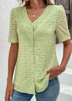 Green Lace V Neck Short Sleeve Blouse -Rosewe Promotion Store 330367 P 16841475187472