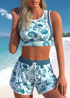 Quick Drying Dusty Blue High Waisted Animal Print Patchwork Bikini Set