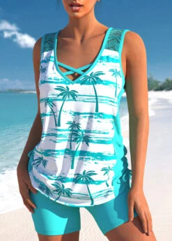 Mid Waisted Tropical Plants Print Lace Tankini Set -Rosewe Promotion Store 330436 P 1682046548830