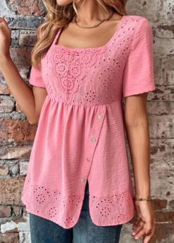 Pink Square Neck Short Sleeve Button Blouse -Rosewe Promotion Store 330470 P 16835949210234