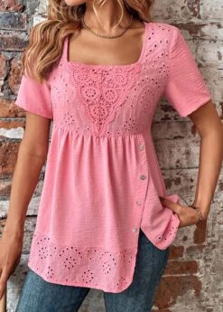 Pink Square Neck Short Sleeve Button Blouse -Rosewe Promotion Store 330470 P 16835949213115