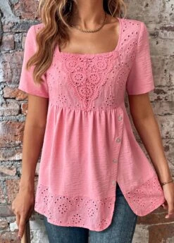 Pink Square Neck Short Sleeve Button Blouse