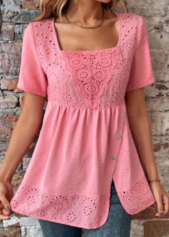 Pink Square Neck Short Sleeve Button Blouse -Rosewe Promotion Store 330470 P 16835949217872