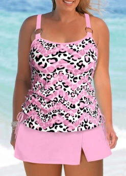 Mid Waisted Pink Plus Size Leopard Tankini Set