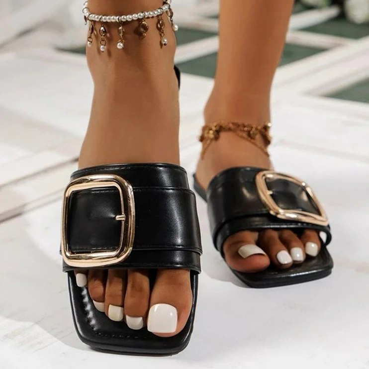Metal Detail Black Open Toe Falt Sliders 3 Metal Detail Black Open Toe Falt Sliders