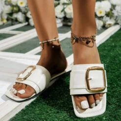 Metal Detail White Open Toe Falt Sliders -Rosewe Promotion Store 330540 P 1680072138625