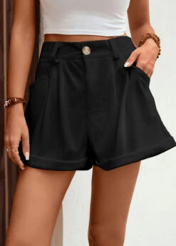 Button Fly Pocket Black High Waisted Shorts
