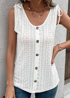 Scoop Neck Button White Tank Top -Rosewe Promotion Store 330552 P 16831675092034