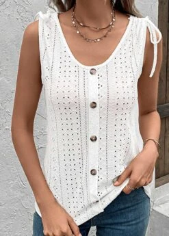 Scoop Neck Button White Tank Top -Rosewe Promotion Store 330552 P 16831675092422