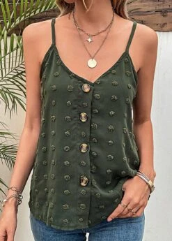 V Neck Button Green Strappy Camisole Top -Rosewe Promotion Store 330554 P 16831927225814