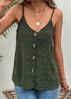 V Neck Button Green Strappy Camisole Top -Rosewe Promotion Store 330554 P 16831927228292