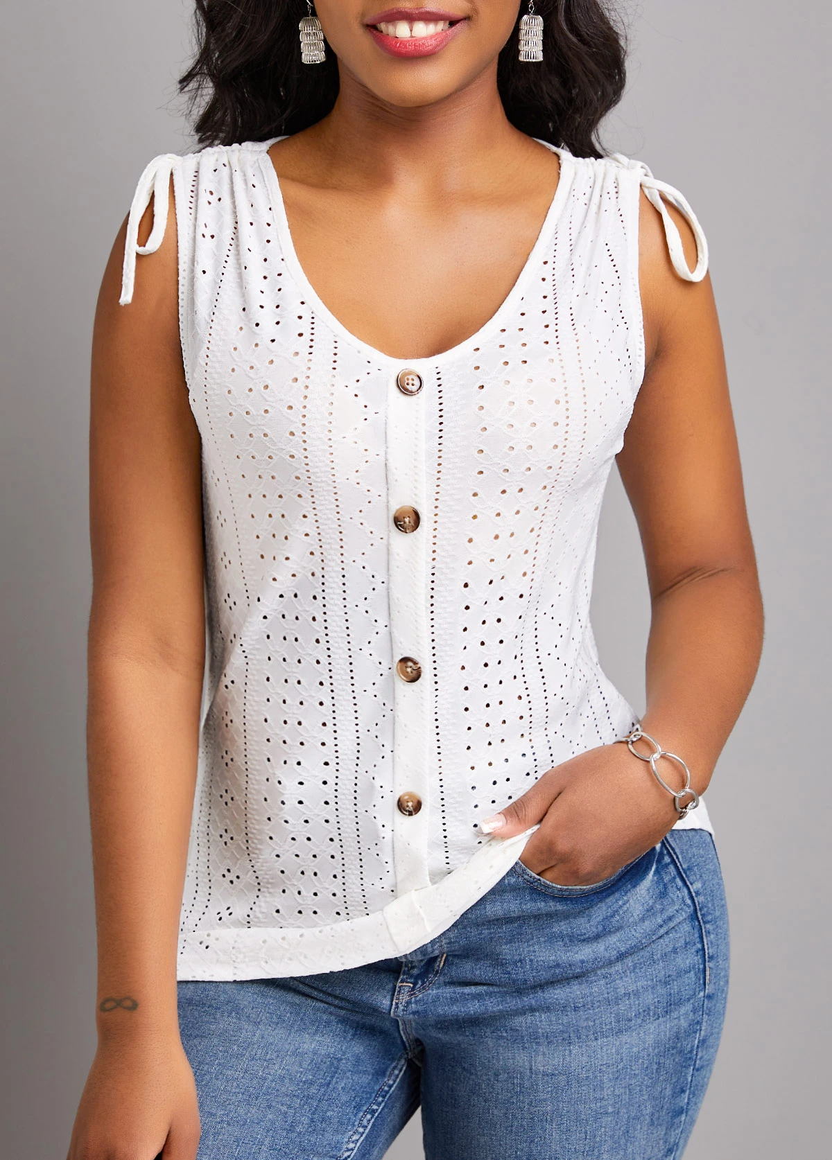 Drawstring Button White Scoop Neck Tank Top 6 Drawstring Button White Scoop Neck Tank Top - Image 4