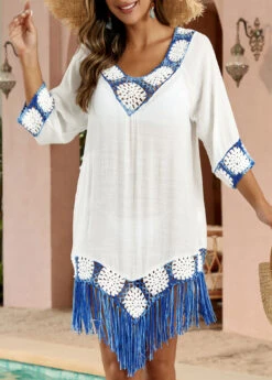 Patchwork White Weave Tassel Cover Up -Rosewe Promotion Store 330663 P 16847357954402