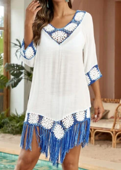 Patchwork White Weave Tassel Cover Up -Rosewe Promotion Store 330663 P 16847357954845