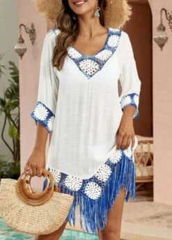 Patchwork White Weave Tassel Cover Up