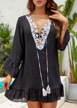 Patchwork Black V Neck Cover Up -Rosewe Promotion Store 330665 P 16825617253543