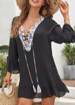 Patchwork Black V Neck Cover Up -Rosewe Promotion Store 330665 P 16825617254604