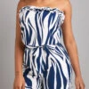 Striped Frill Belted Navy Short Bandeau Sleeveless Romper