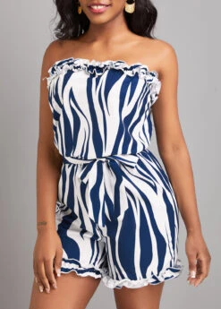 Striped Frill Belted Navy Short Bandeau Sleeveless Romper