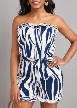 Striped Frill Belted Navy Short Bandeau Sleeveless Romper -Rosewe Promotion Store 330708 P 16813832602280