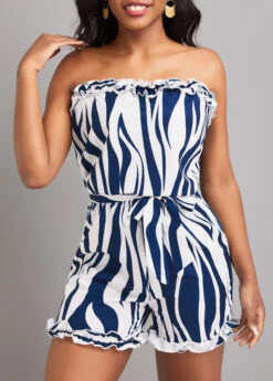 Striped Frill Belted Navy Short Bandeau Sleeveless Romper -Rosewe Promotion Store 330708 P 16813832602883