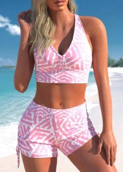 Mid Waisted Geometric Print Three-piece Pink Tankini Set -Rosewe Promotion Store 330773 P 1680251742524