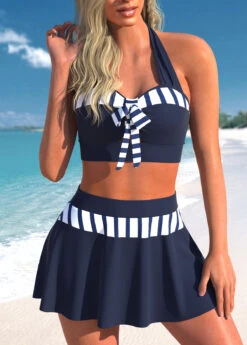 High Waisted Striped Patchwork Blue Bikini Set