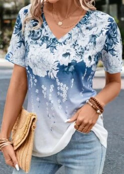 V Neck Floral Print Blue T Shirt -Rosewe Promotion Store 330825 P 16833633282580