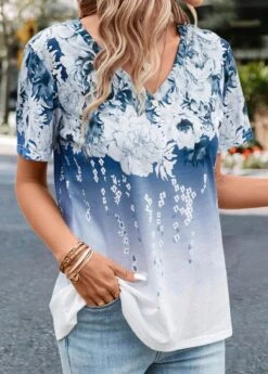 V Neck Floral Print Blue T Shirt -Rosewe Promotion Store 330825 P 16833633292422