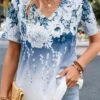 V Neck Floral Print Blue T Shirt -Rosewe Promotion Store 330825 P 16833633295564