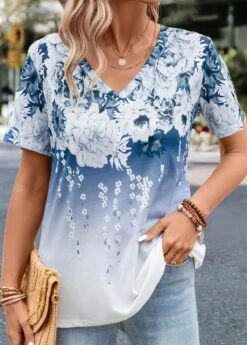 V Neck Floral Print Blue T Shirt