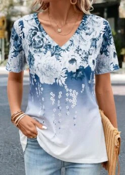 V Neck Floral Print Blue T Shirt -Rosewe Promotion Store 330825 P 16833633298355