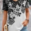 Floral Print Lightweight Black V Neck T Shirt -Rosewe Promotion Store 330826 P 16831999740784