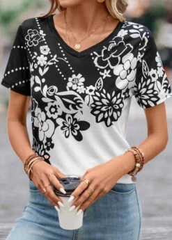 Floral Print Lightweight Black V Neck T Shirt -Rosewe Promotion Store 330826 P 16831999743573