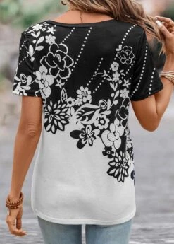 Floral Print Lightweight Black V Neck T Shirt -Rosewe Promotion Store 330826 P 16831999744781