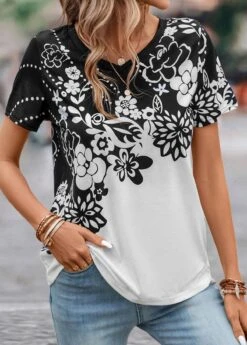 Floral Print Lightweight Black V Neck T Shirt -Rosewe Promotion Store 330826 P 16831999747760