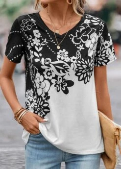 Floral Print Lightweight Black V Neck T Shirt -Rosewe Promotion Store 330826 P 16831999749985