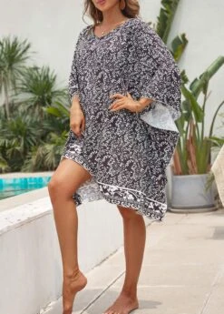 Contrast Leaf Print Black Cover Up -Rosewe Promotion Store 330836 P 16823254685743