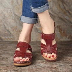 Open Toe Low Heel Brick Red Sliders