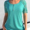 Lace Turquoise Round Neck Short Sleeve T Shirt -Rosewe Promotion Store 330976 P 1680765378683