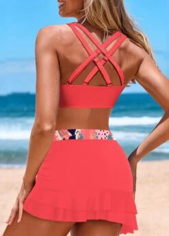 Mid Waisted Geometric Print Drawstring Coral Bikini Set -Rosewe Promotion Store 331010 P 1680586349048