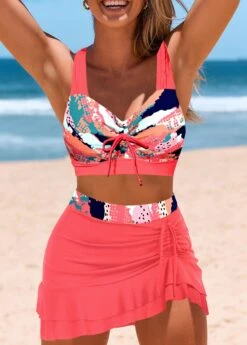 Mid Waisted Geometric Print Drawstring Coral Bikini Set -Rosewe Promotion Store 331010 P 1680586349631