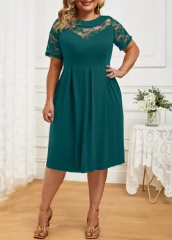 Green Plus Size Lace Short Sleeve Dress 12 Green Plus Size Lace Short Sleeve Dress -Rosewe Promotion Store 331048 P 16849803031214
