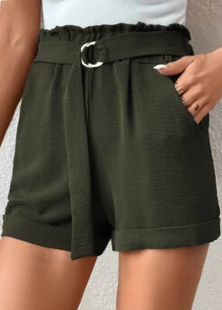 Pocket Belted Green Regular Elastic Waist Shorts -Rosewe Promotion Store 331051 P 16835395072215