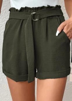 Pocket Belted Green Regular Elastic Waist Shorts
