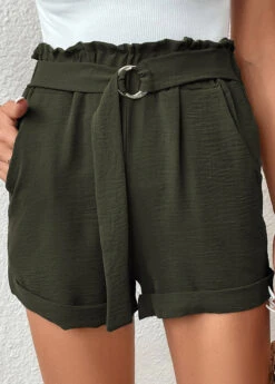 Pocket Belted Green Regular Elastic Waist Shorts -Rosewe Promotion Store 331051 P 16835395076453