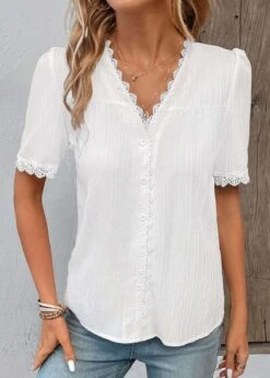 V Neck Patchwork White Short Sleeve Blouse -Rosewe Promotion Store 331053 P 16833404574415