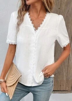 V Neck Patchwork White Short Sleeve Blouse